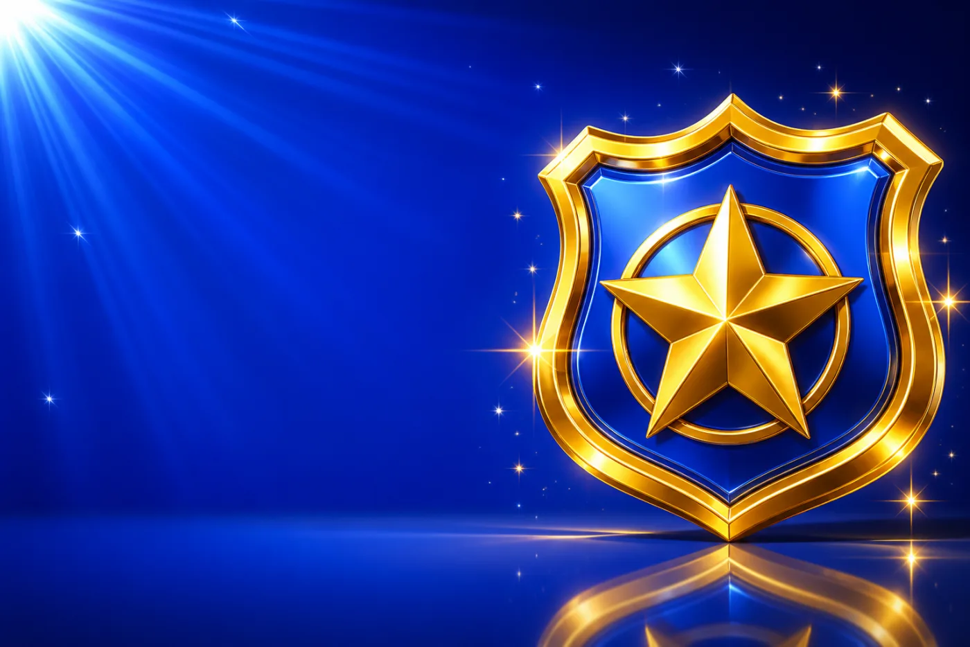 A gold star badge with a blue enamel panel, against a blue starburst.