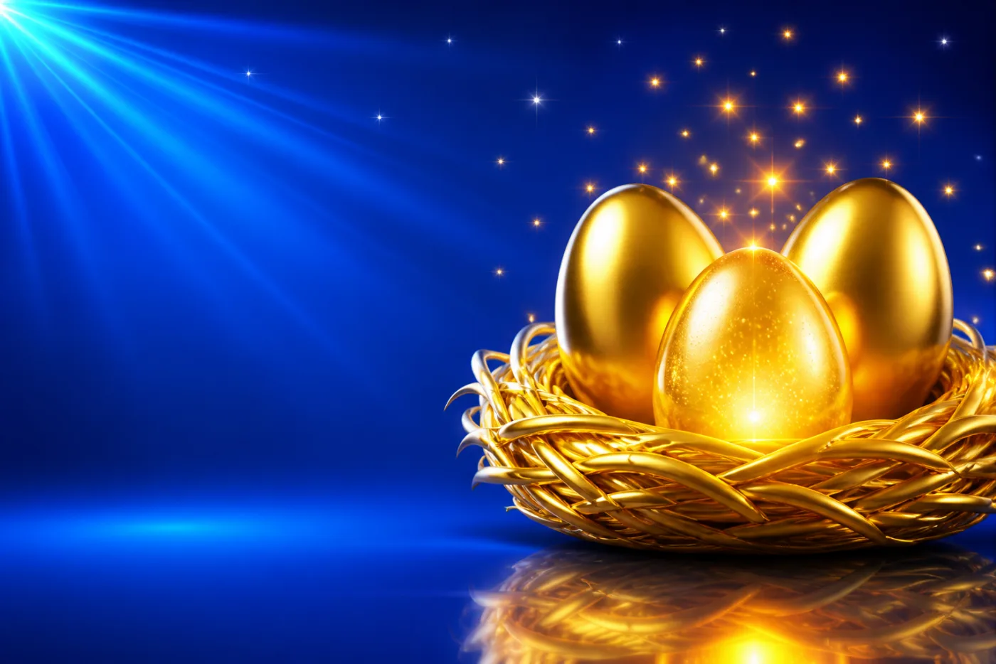 Three golden eggs resting in a woven gold nest, against a blue starburst.