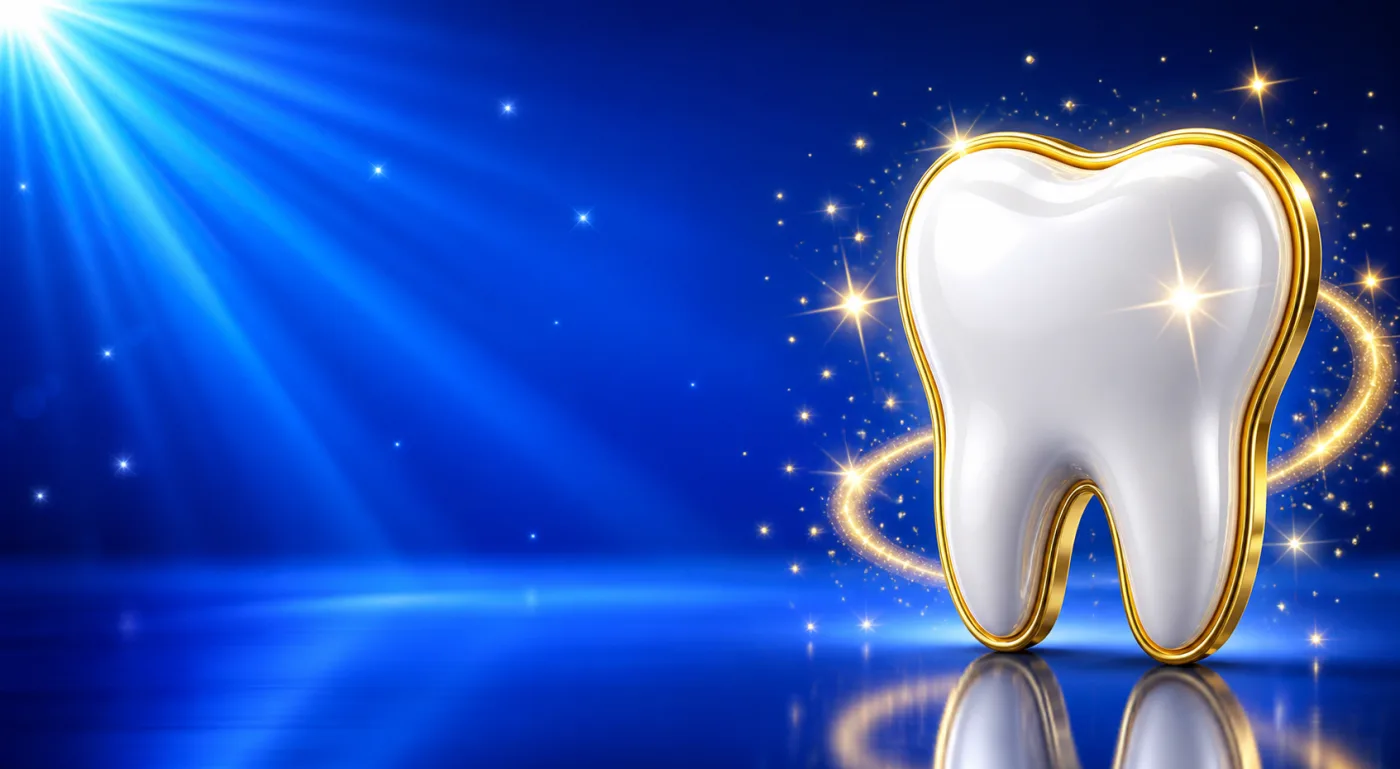 One glossy pearl-white tooth with a star glint on its surface, against a blue starburst.