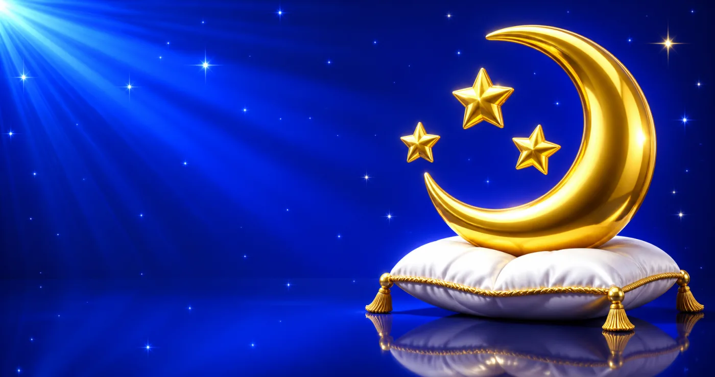 A gold crescent moon and stars above a white pillow, drawn in gold-rimmed gloss against a blue starburst.
