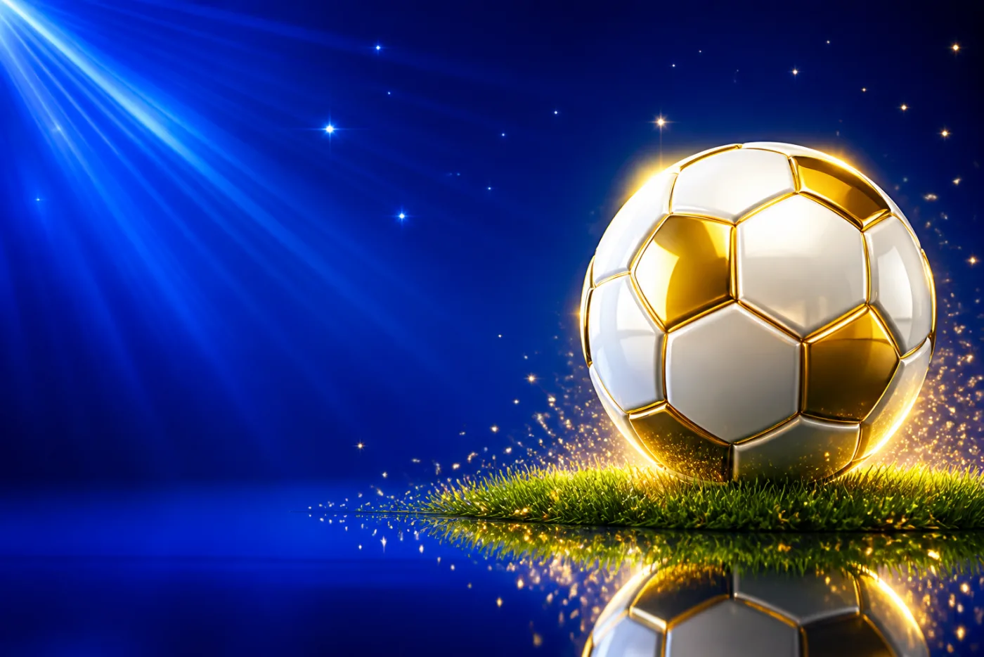 A glossy white and gold football on green turf, drawn in gold-rimmed gloss against a blue starburst.