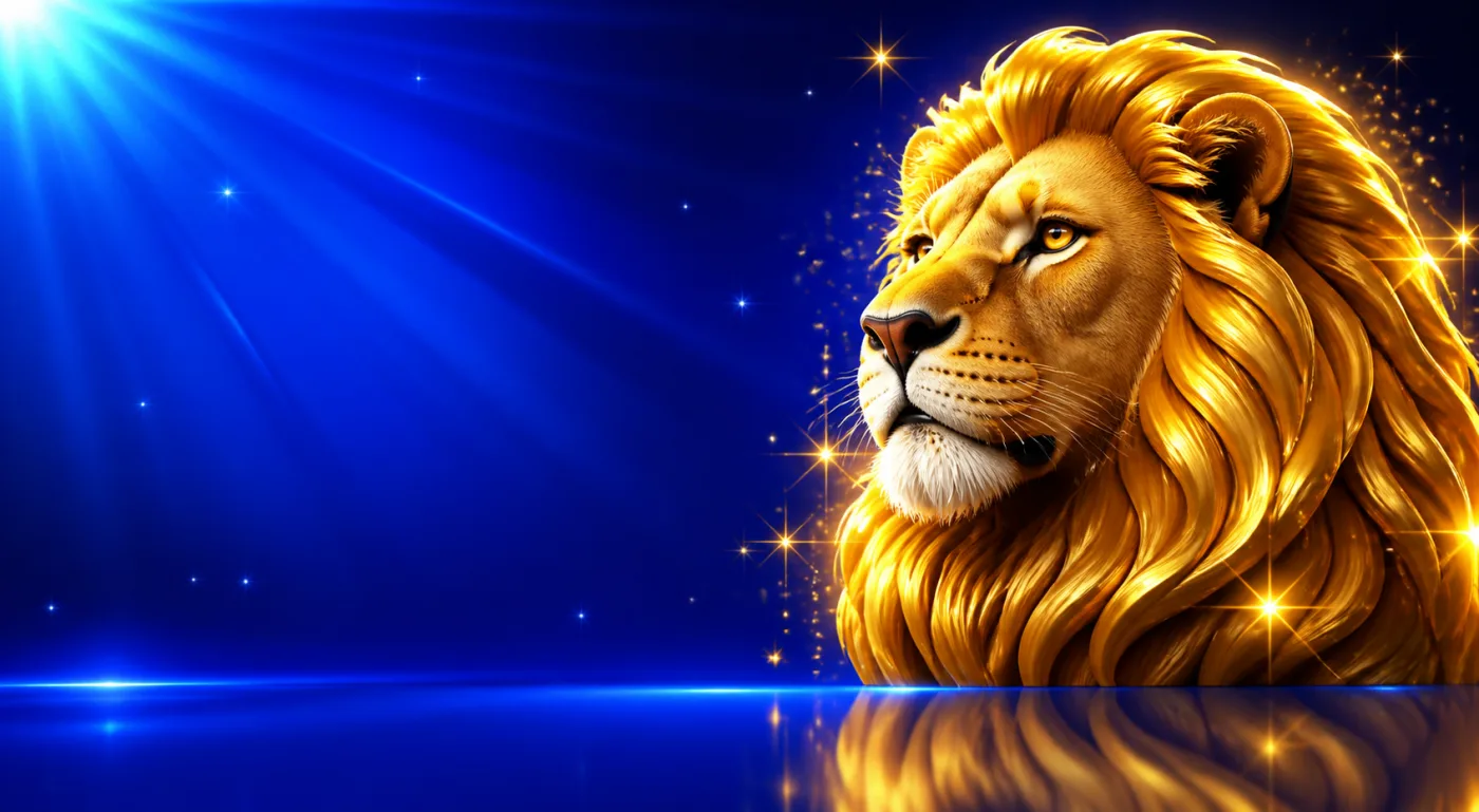 A proud lion head with a rich gold mane and amber eyes, drawn in gold-rimmed gloss against a blue starburst.
