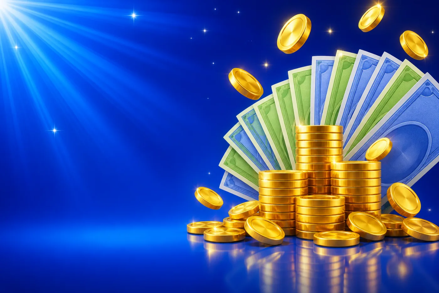A fan of banknotes behind stacks of gold coins, with coins tumbling, against a blue starburst.