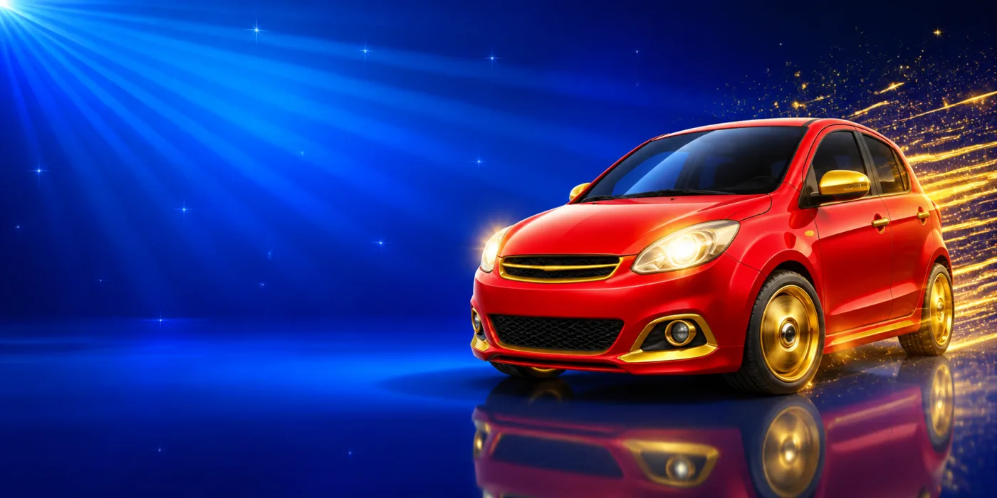 A shiny red car with gold trim and its headlights on, against a blue starburst.