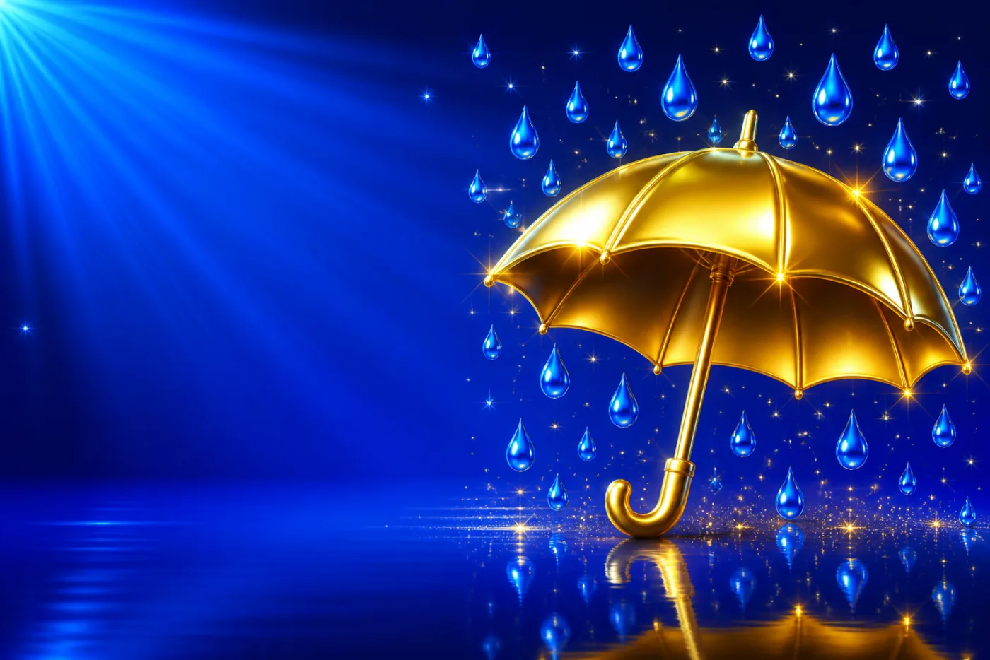 A glossy gold umbrella open with blue raindrops falling around it, drawn in gold-rimmed gloss against a blue starburst.