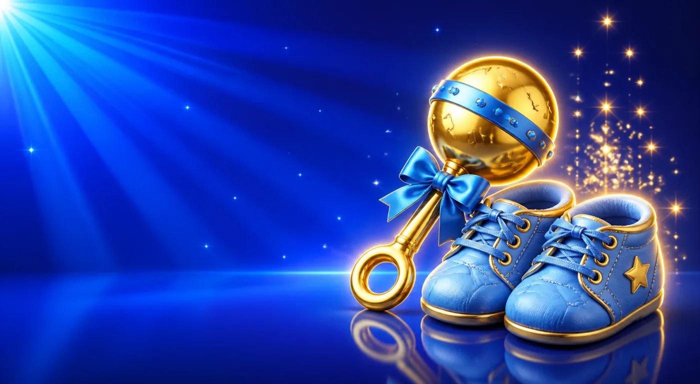 A gold baby rattle beside a small pair of soft blue shoes, drawn in gold-rimmed gloss against a blue starburst.