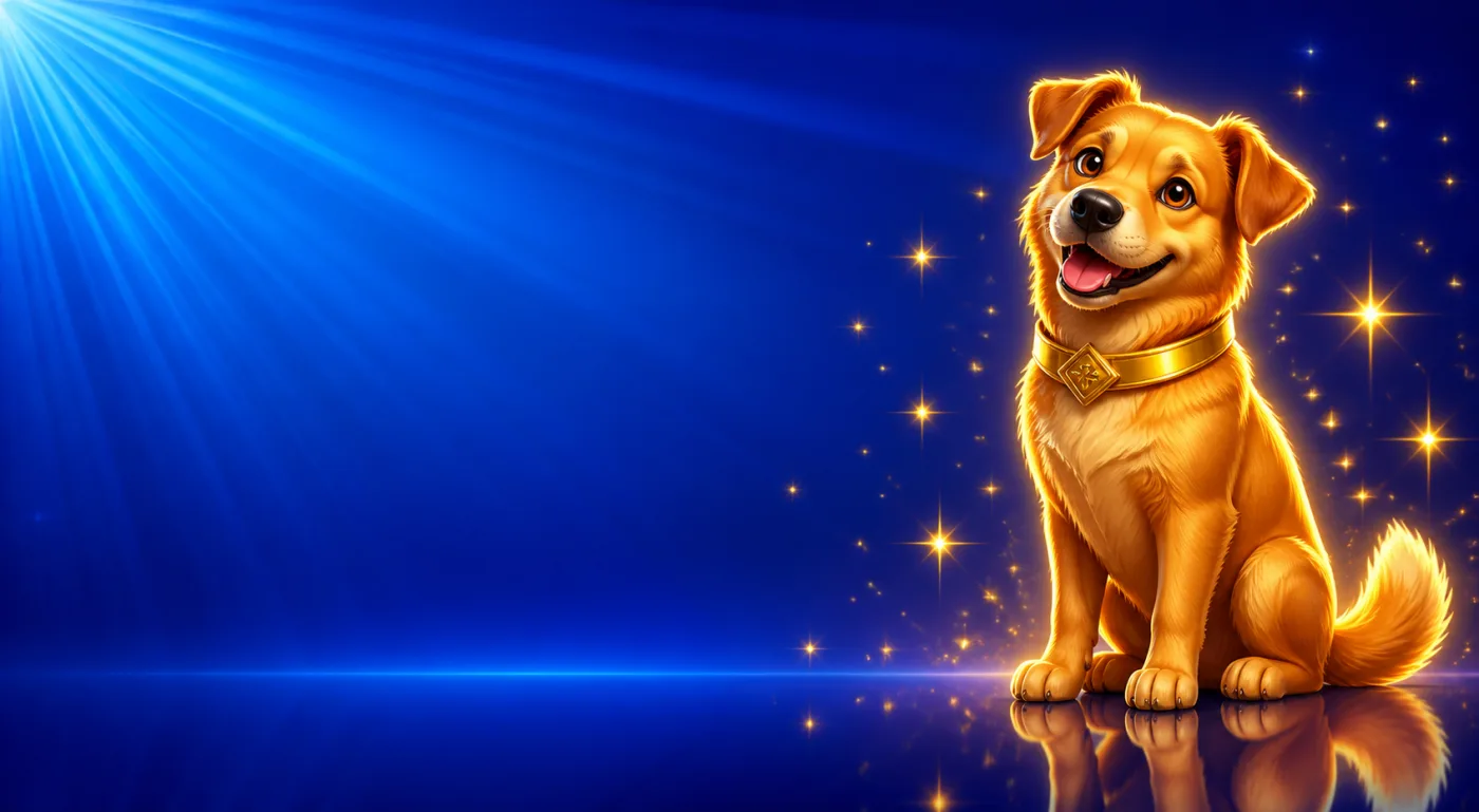 A friendly golden-brown dog sitting upright with a gold collar, drawn in gold-rimmed gloss against a blue starburst.