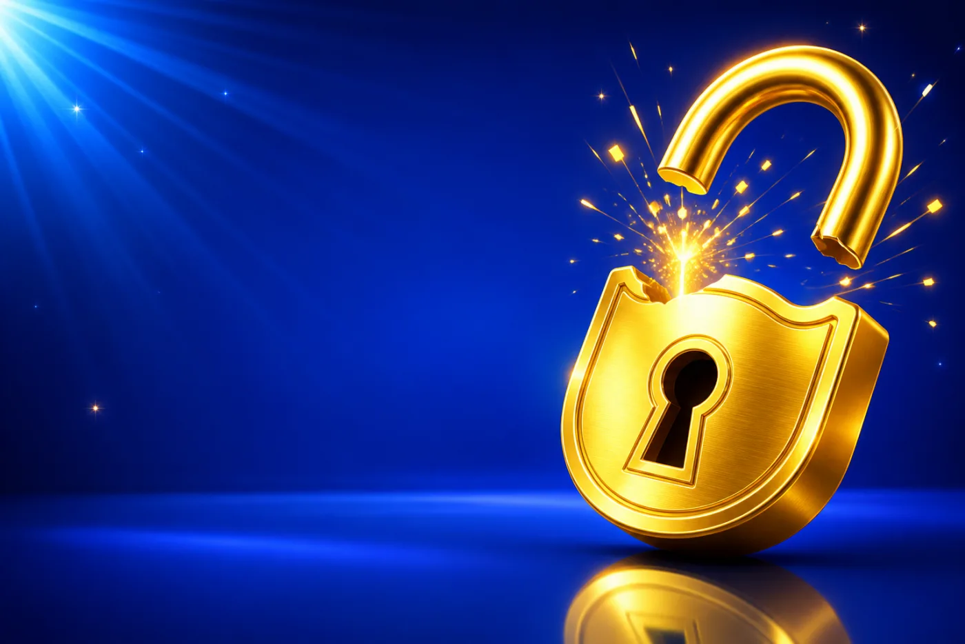 A large gold padlock broken open with sparks flying, drawn in gold-rimmed gloss against a blue starburst.