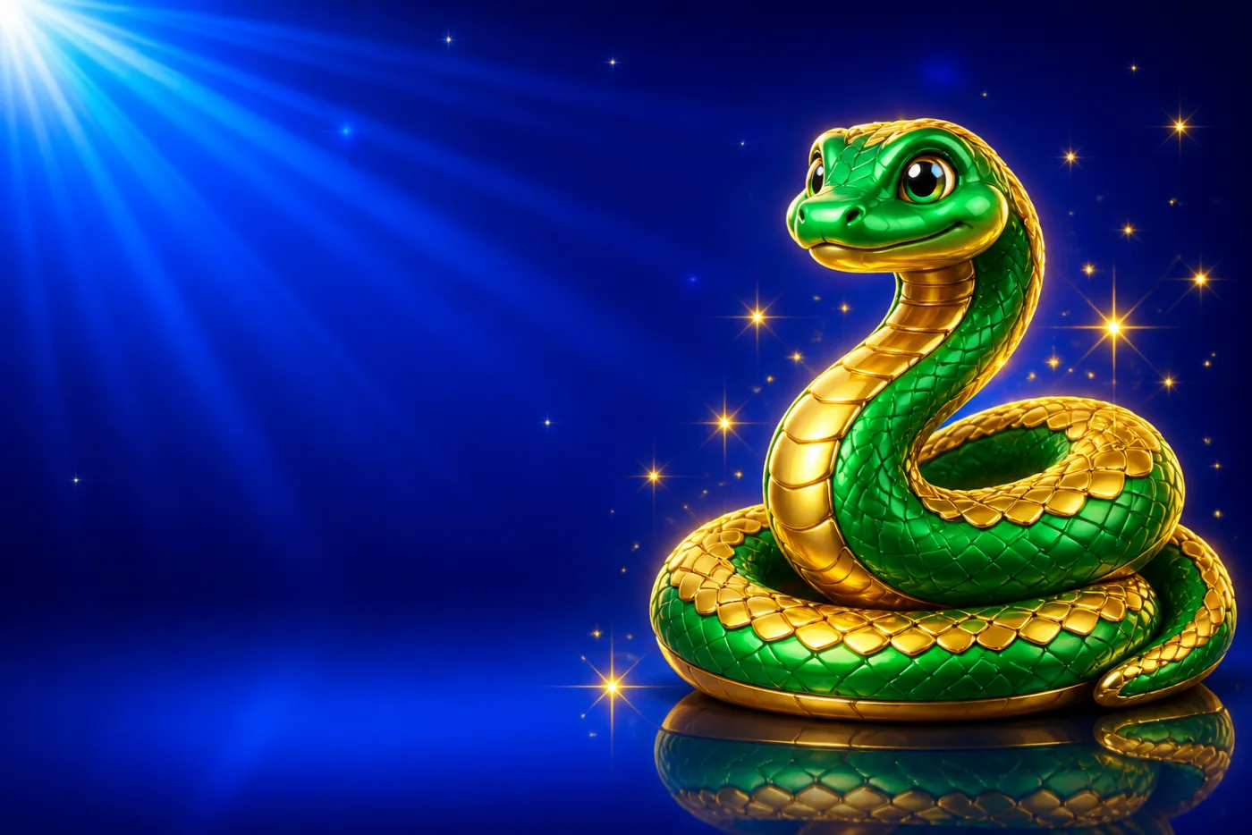 A coiled green snake with gold scales, drawn in gold-rimmed gloss against a blue starburst.