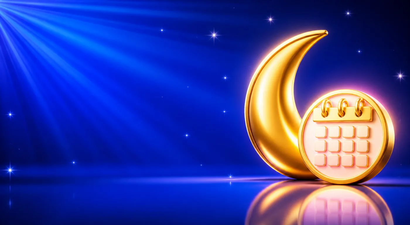 A gold crescent moon beside a small gold calendar disc, drawn in gold-rimmed gloss against a blue starburst.