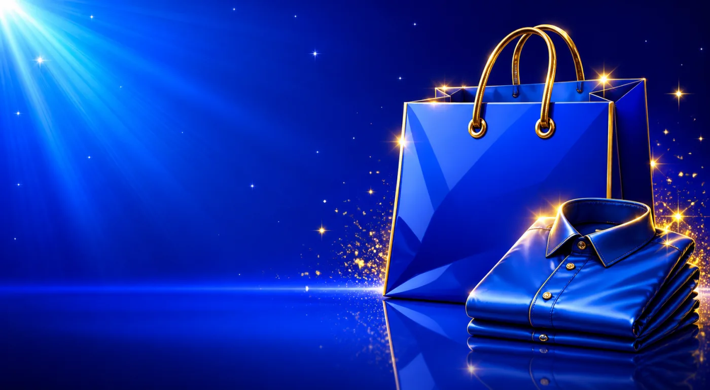 A glossy blue shopping bag with gold handles beside a folded new shirt, drawn in gold-rimmed gloss against a blue starburst.