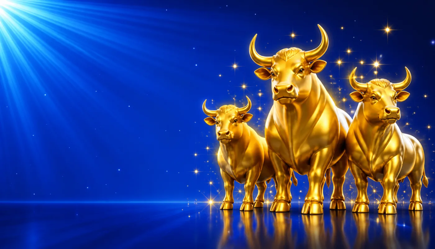 Three glossy golden cattle standing together with gold horns, drawn in gold-rimmed gloss against a blue starburst.