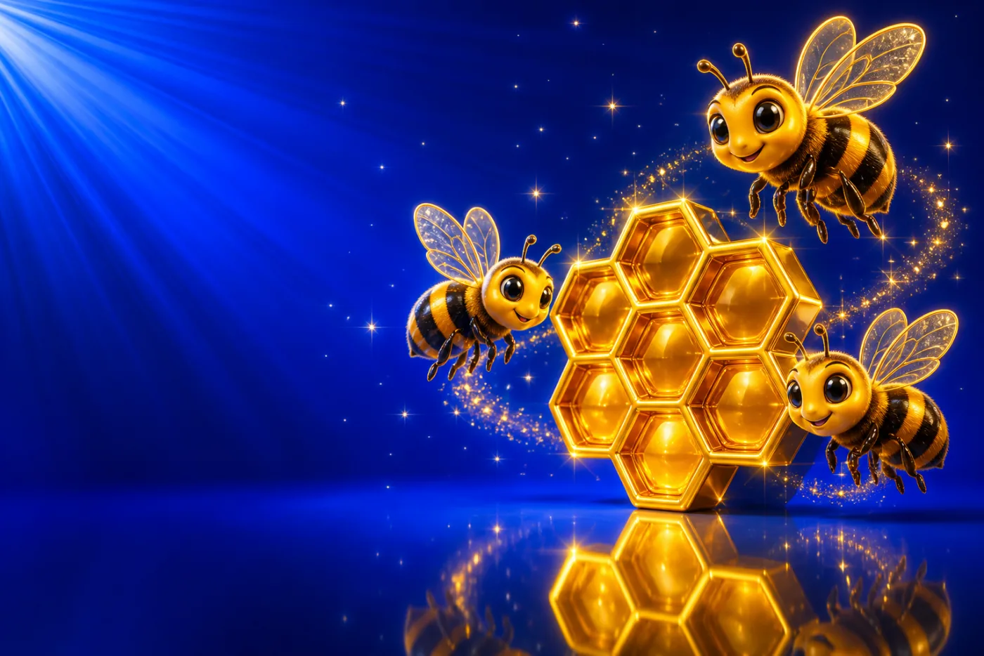 Three golden honeybees flying around a glossy gold honeycomb, drawn in gold-rimmed gloss against a blue starburst.