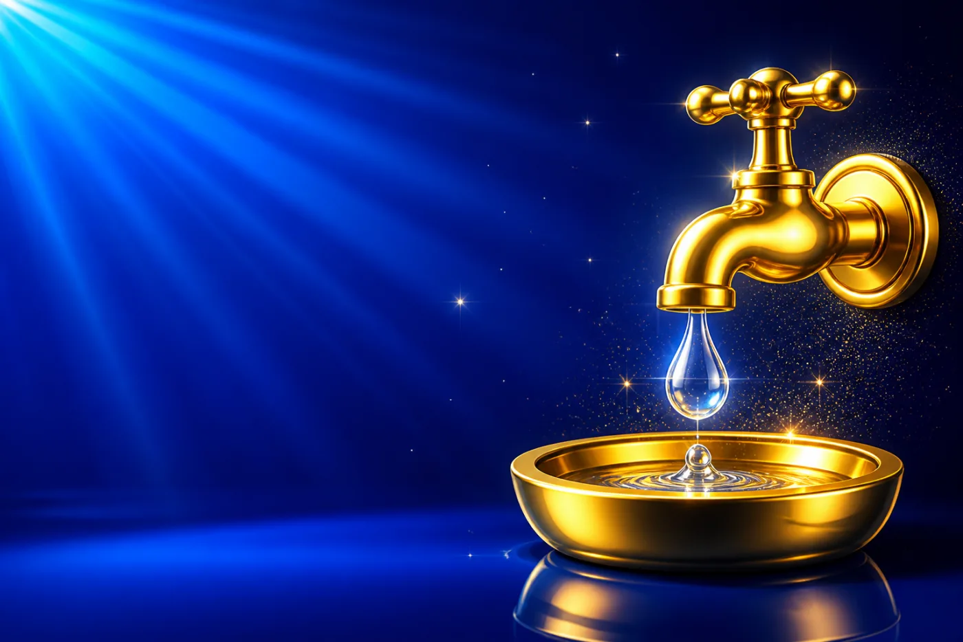 A gold tap with a single clear droplet falling into a small gold basin, drawn in gold-rimmed gloss against a blue starburst.