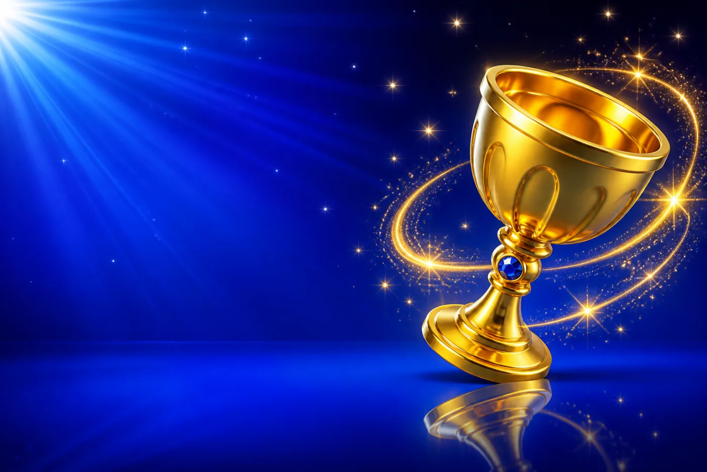 A gold goblet tipped at an angle with a swirl of light around it, drawn in gold-rimmed gloss against a blue starburst.