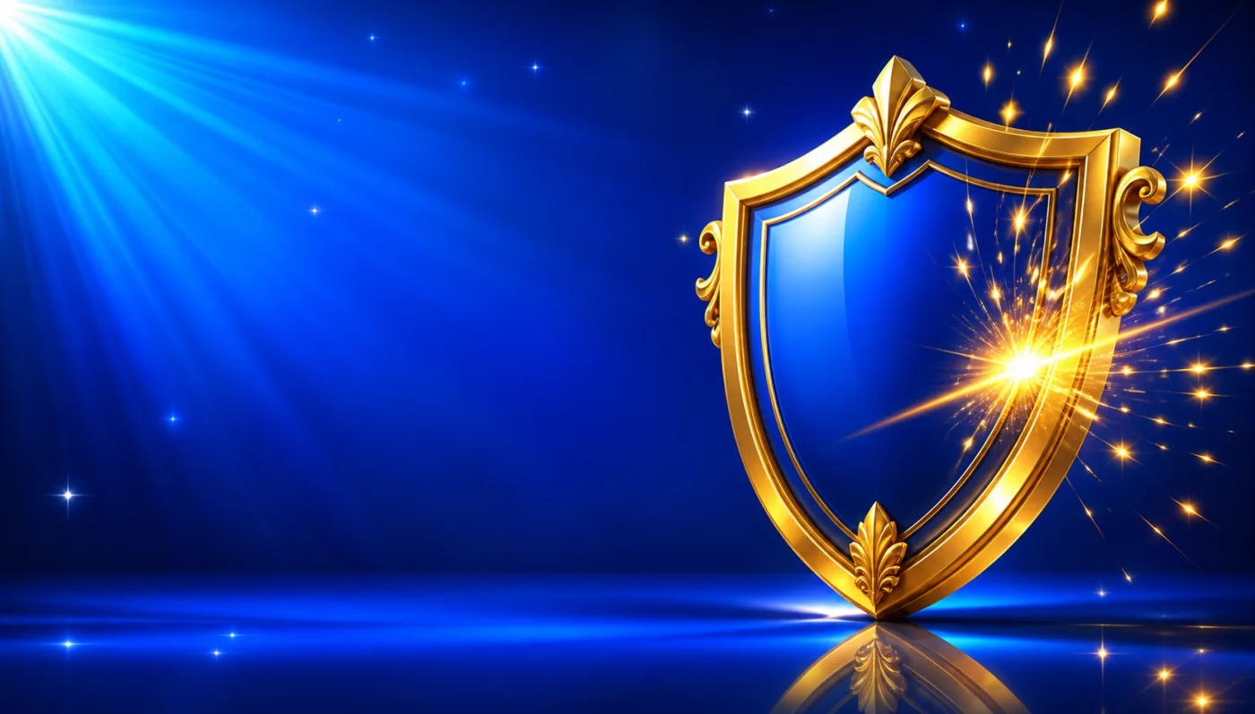An ornate gold shield with sparks bursting off its face, against a blue starburst.
