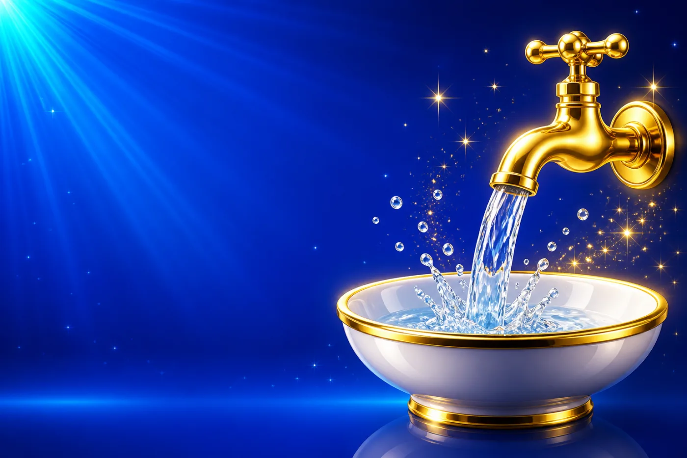 A gold tap pouring clear water into a glossy white basin, drawn in gold-rimmed gloss against a blue starburst.