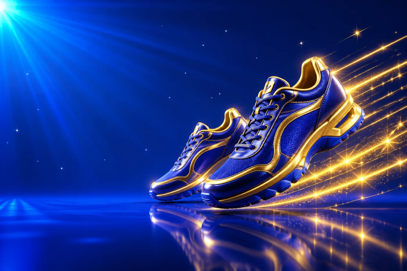 A pair of glossy running shoes with gold trim mid-stride with speed streaks, drawn in gold-rimmed gloss against a blue starburst.