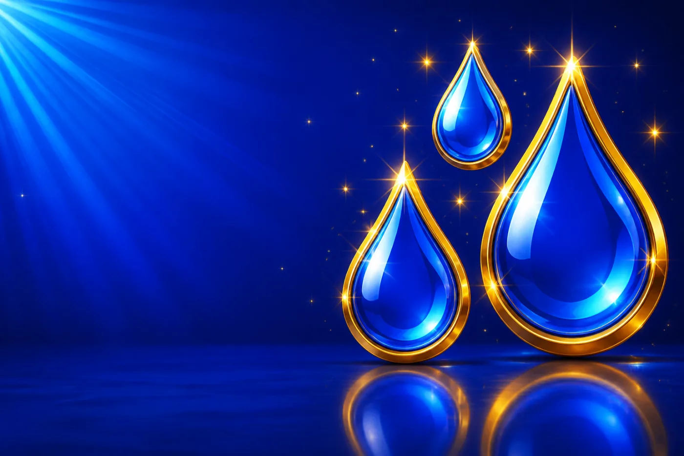 Three translucent blue teardrops falling, catching gold light, against a blue starburst.