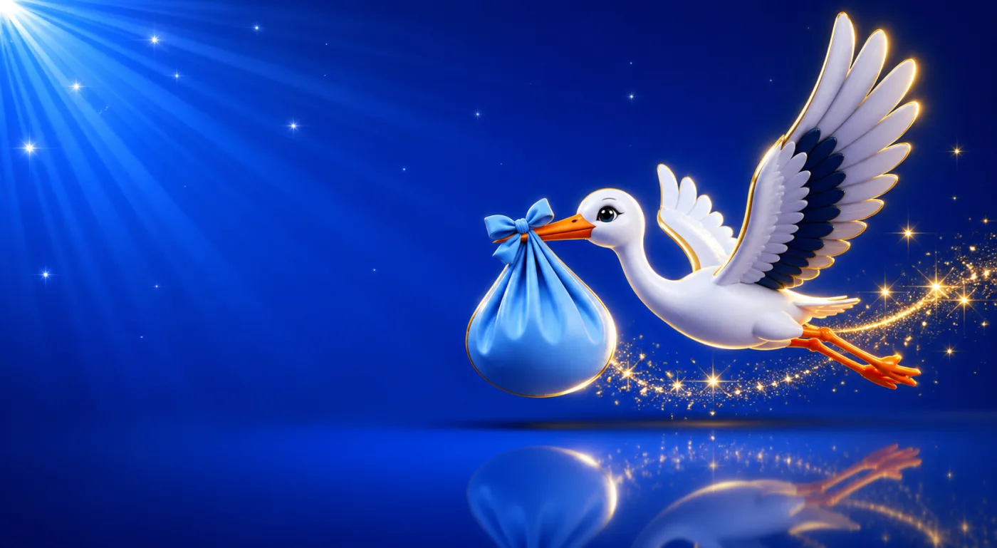 A white stork carrying a soft blue bundle, drawn in gold-rimmed gloss against a blue starburst.