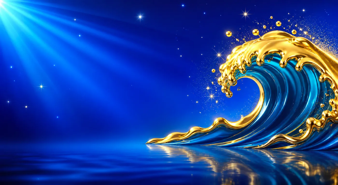A curling turquoise wave with glossy gold foam along its crest, drawn in gold-rimmed gloss against a blue starburst.