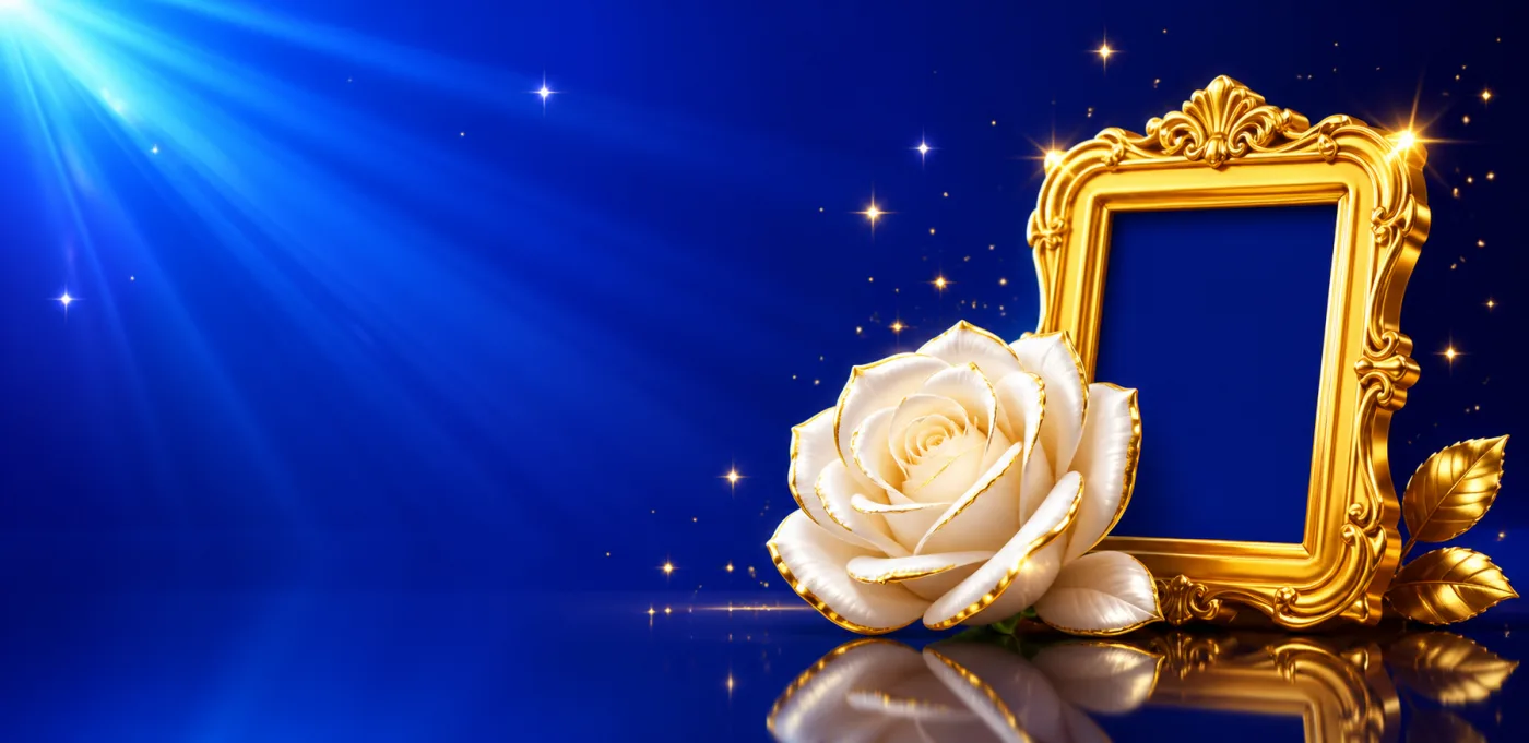A white rose with gold-edged petals beside an empty gold picture frame, drawn in gold-rimmed gloss against a blue starburst.