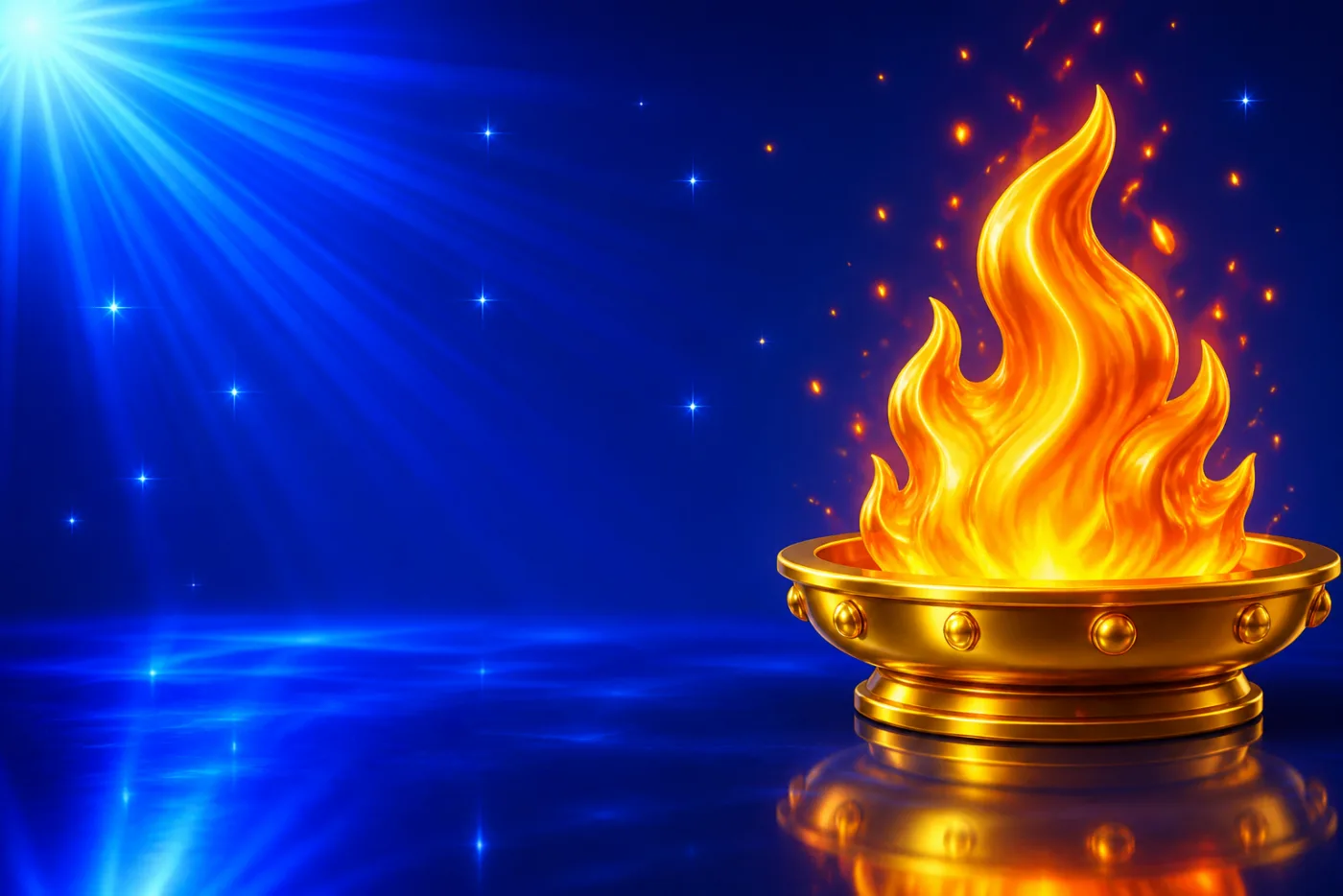 A bright orange and gold flame burning on a polished gold dish, drawn in gold-rimmed gloss against a blue starburst.