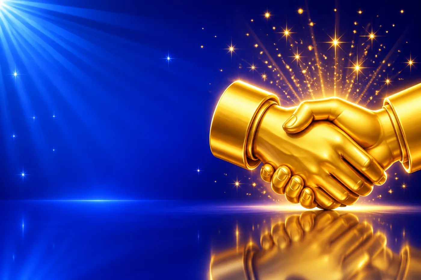 Two gold hands clasped in a handshake with sparkles rising, drawn in gold-rimmed gloss against a blue starburst.
