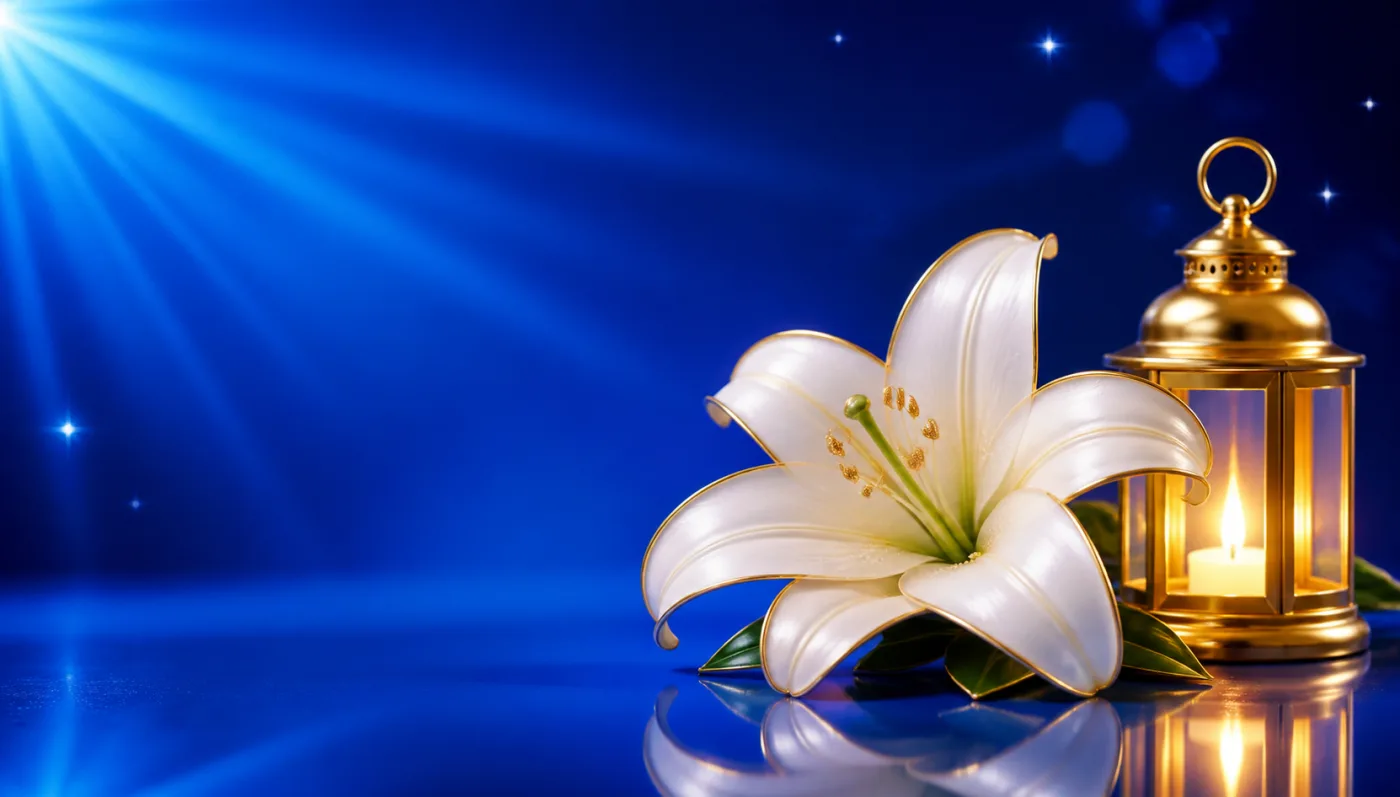 A white lily with gold-edged petals beside a small gold lantern, drawn in gold-rimmed gloss against a blue starburst.