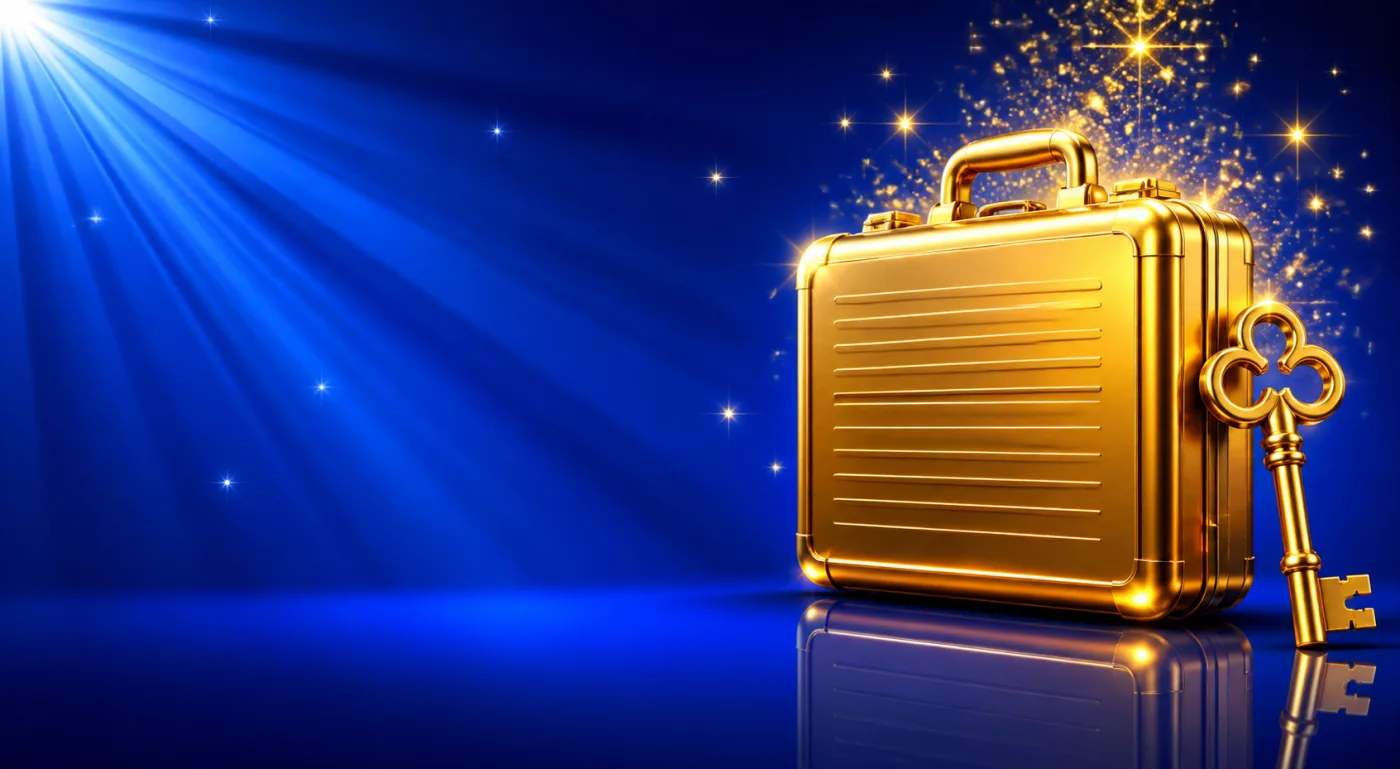 A glossy gold briefcase standing upright beside a gold key, drawn in gold-rimmed gloss against a blue starburst.