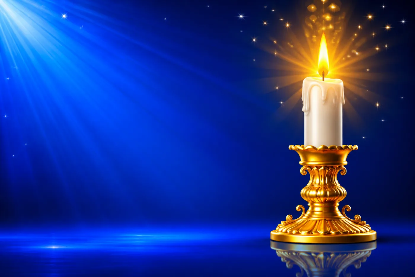 A lit white candle in a gold holder, its flame glowing, against a blue starburst.