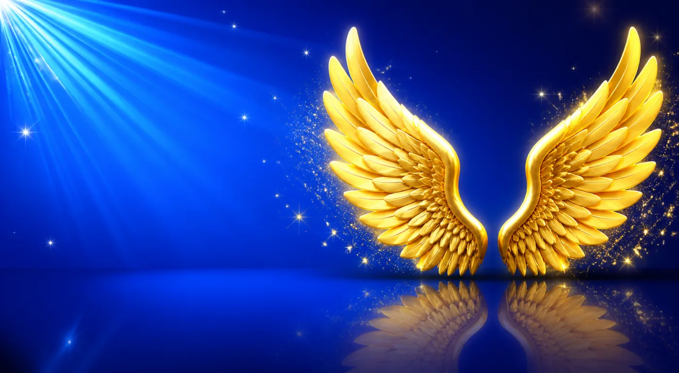 A pair of large golden feathered wings spread open with sparkles trailing, drawn in gold-rimmed gloss against a blue starburst.