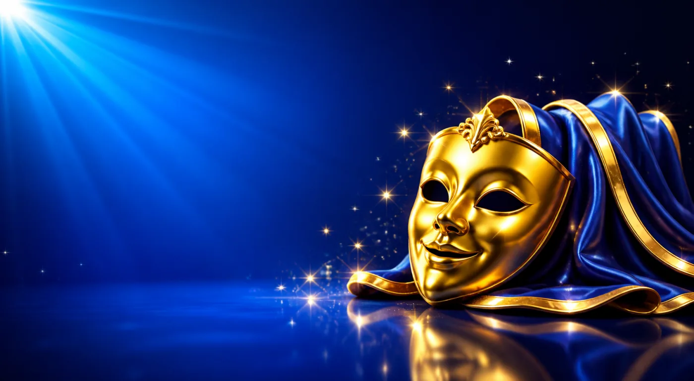 A gold theatre mask beside a folded blue cloak, drawn in gold-rimmed gloss against a blue starburst.
