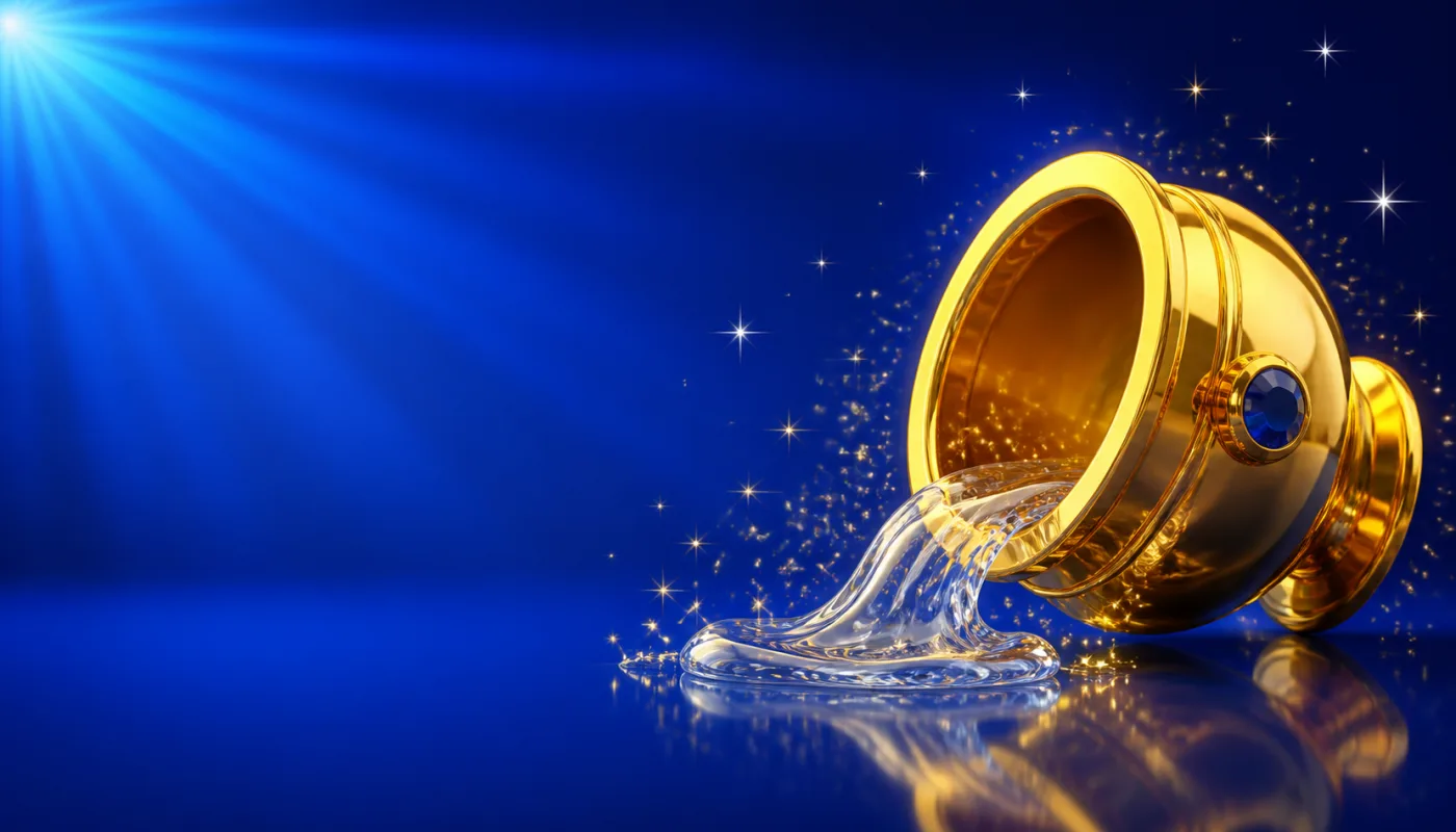 A gold cup tipped on its side with clear liquid pouring out, drawn in gold-rimmed gloss against a blue starburst.