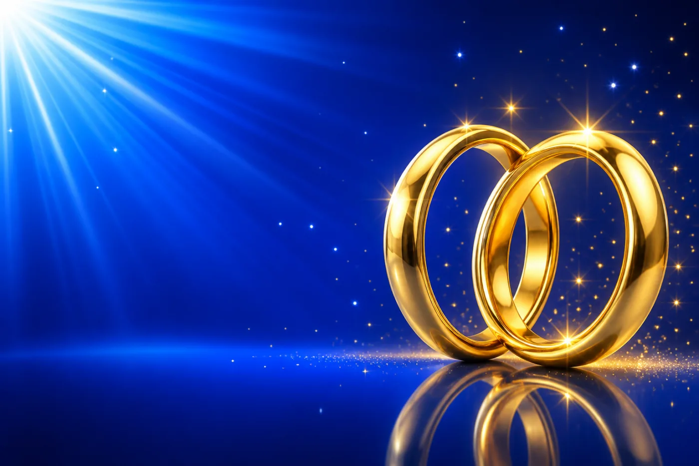 Two interlocking polished gold wedding rings standing upright, drawn in gold-rimmed gloss against a blue starburst.