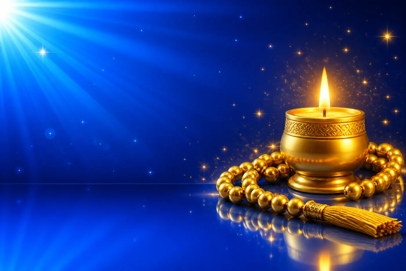 A small gold candle burning beside gold prayer beads, drawn in gold-rimmed gloss against a blue starburst.